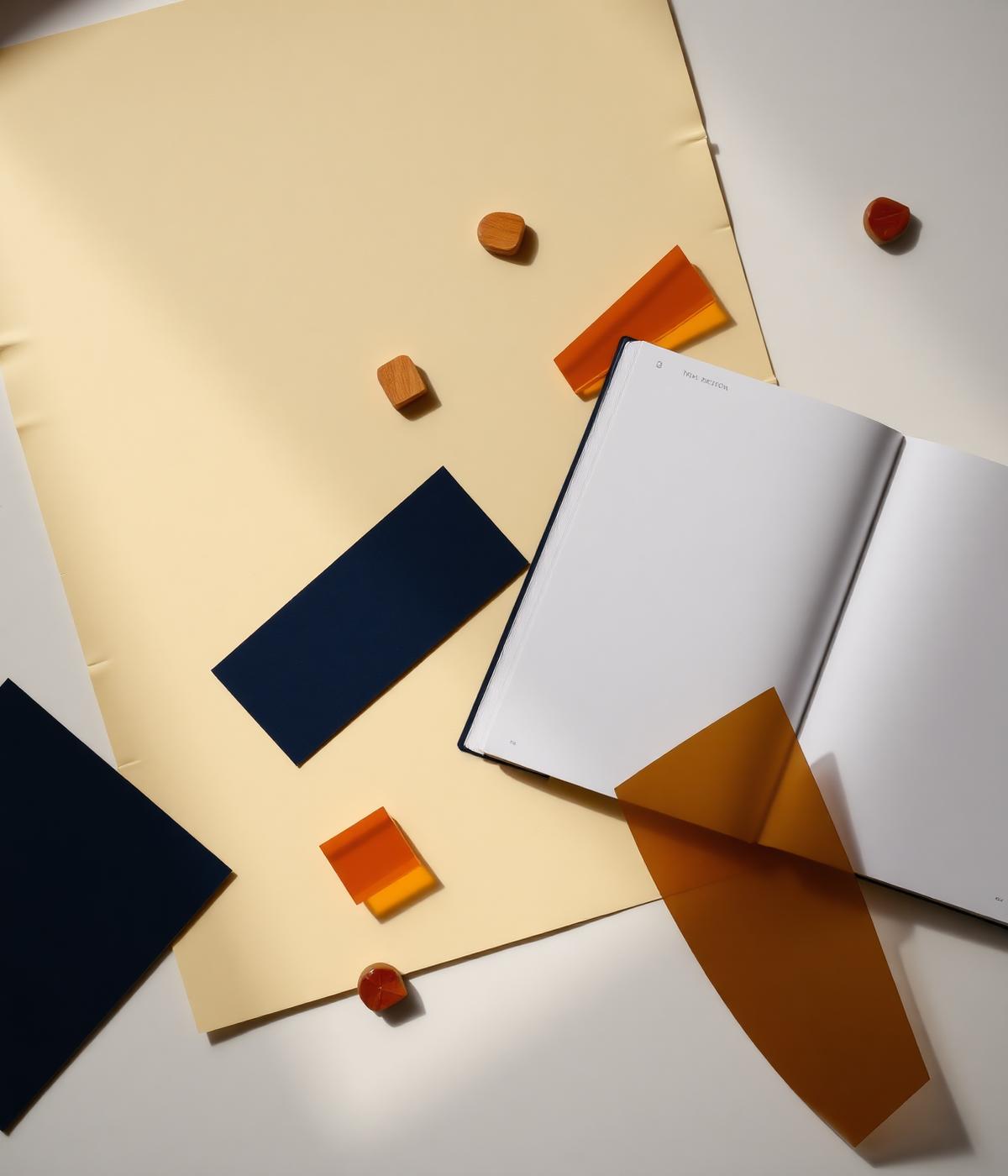 Editorial still life with notebook and shapes